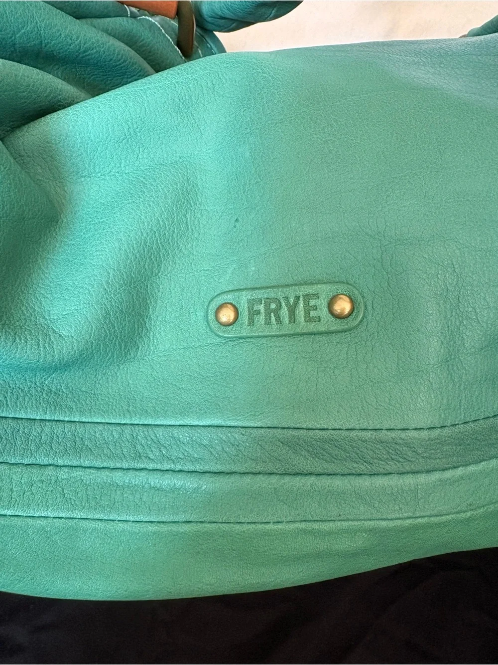 RARE Y2K Frye Turquoise Leather Ruched-Handle Shoulder Bag with Brass Hardware